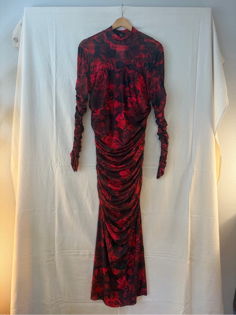Chelsea & Violet Red and Black Ruched Long-Sleeve Floral Mesh Maxi Dress